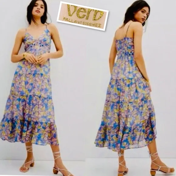 Verb Pallavi Singhee Anthropologie Dress Sequin Paisley Floral In Blue.. Size 10 - Picture 3 of 16